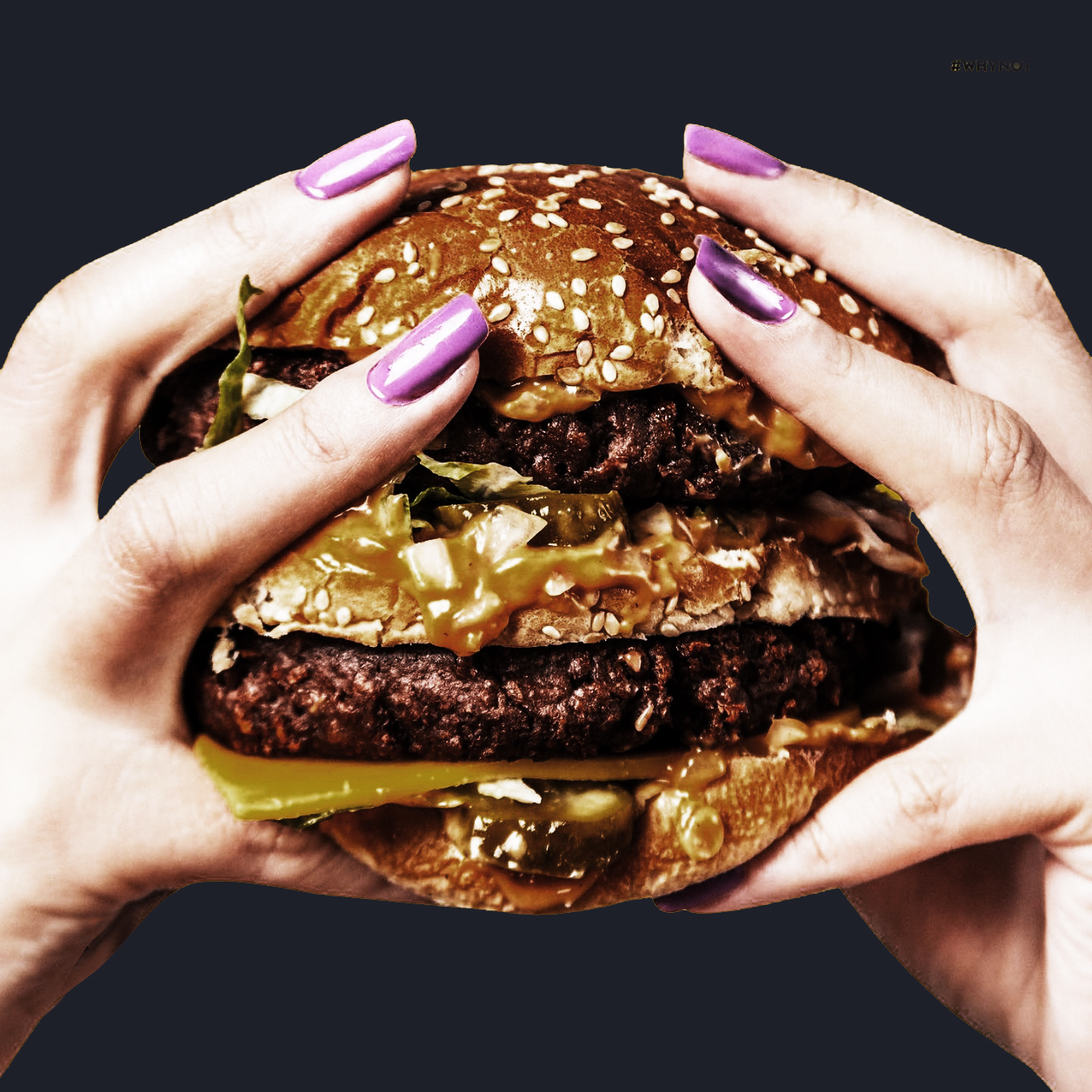 Closeup of two hands holding a large, double-stacked cheeseburger
